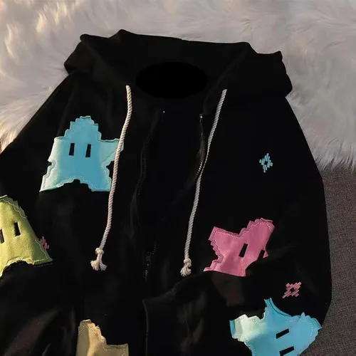 Vista 3 de Y2k - Sudadera con capucha y cremallera para mujer, de gran tamaño, con estampado de estrellas, estilo Harajuku, Grunge