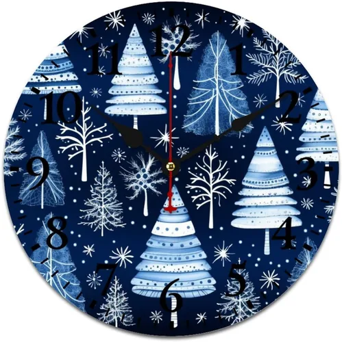Vista 15 de Reloj de madera con árboles de Navidad y copos de nieve, reloj de pared redondo azul para interiores, funciona con pilas, silencioso, sin ruido
