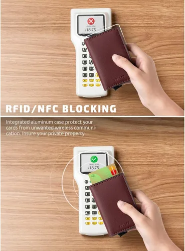 Vista 3 de VULKIT Tarjetero de crédito con bloqueo RFID, de cuero, automático, de aluminio, delgado, para tarjetas de visita