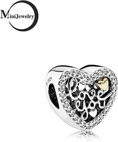 Vista 2 de Dijes de corazón de amor para pulseras, collares, colgantes, corbatín de boda, cuentas de corazón, plata de ley, mujer, hija, Navidad, cumpleaños