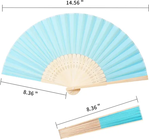 Vista 3 de Sepwedd 50pcs azul imitación seda tela bambú plegable mano ventilador novia baile accesorios iglesia boda fiesta favores con bolsas de organza