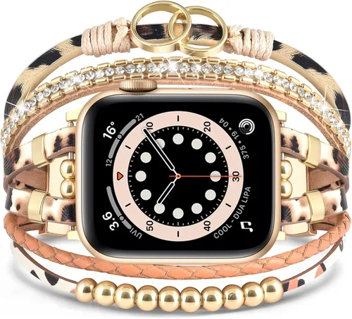 Vista 10 de MOFREE - Pulsera de cuero boho compatible con Apple Watch Band de 38, 40, 41 mm, pulsera de cuentas multicapa hecha a mano para Apple Watch, correa