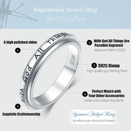 Vista 10 de Ladytree Anillo giratorio de plata de ley S925 para ansiedad, anillo inspirador de promesa, ansiedad, preocupación, alivio del aburrimiento, TDAH