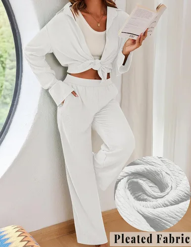 Vista 2 de Ekouaer Conjunto de 2 piezas para mujer, camisa de manga larga con botones y pantalones a juego, conjuntos holgados y casuales con bolsillos