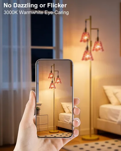 Vista 7 de Lámpara de pie moderna de cristal de 3 luces, lámpara alta de pie dorada con pantalla de vidrio de piña roja profunda, lámpara de pie LED regulable