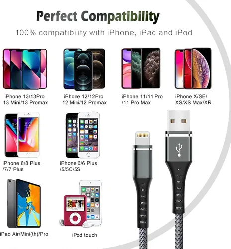 Vista 7 de [Certificado Apple MFi] Cargador de iPhone de carga rápida, paquete de 3 cables Lightning de 3 pies, cable de carga de nailon trenzado para iPhone