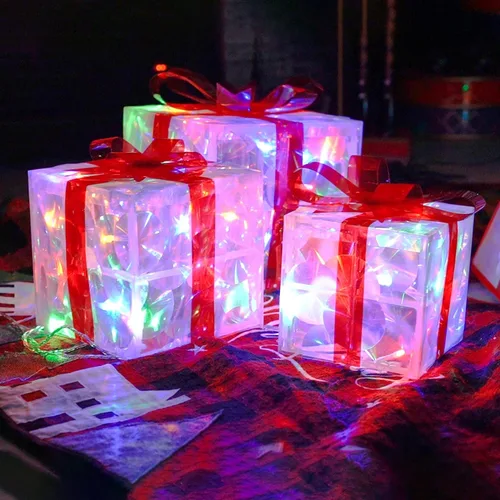 Vista 2 de Hourleey - Juego de 3 cajas de regalo iluminadas de Navidad, 60 luces LED preiluminadas, cajas de regalo decorativas para árbol de Navidad