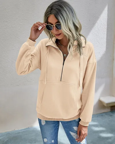 Vista 3 de PRETTYGARDEN - Sudadera sport suelta, de manga larga, para mujer, con cierre de solapa, cordón de ajuste y bolsillos