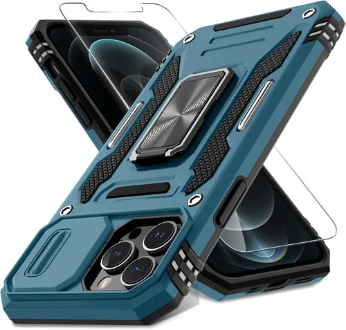 Vista 14 de DEERLAMN Funda para iPhone 13 Pro Max con cubierta deslizante para cámara + protector de pantalla (1 unidad), anillo giratorio con soporte de grado