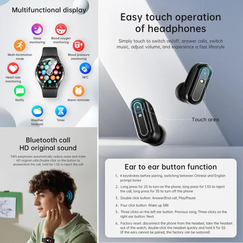 Vista 4 de X10 - Reloj inteligente con auriculares para iPhone, teléfonos inteligentes Android, 1.39 pulgadas, redondo, Bluetooth, llamadas, reloj inteligente