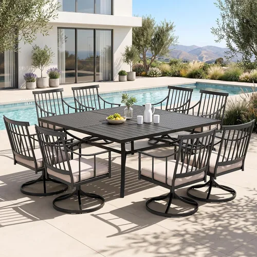 Vista 13 de PHI VILLA Juego de mesa de comedor para patio de 7 piezas con cojín para 6, mesa grande rectangular de metal para exteriores con orificio para Silla