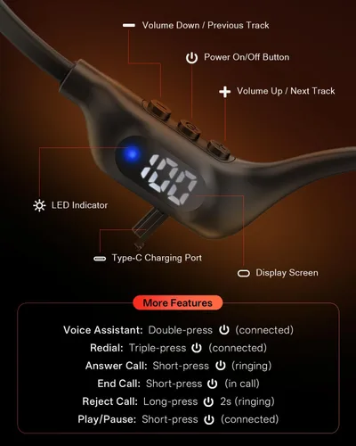 Vista 9 de Bone Conduction Headphones, 14H Playtime Bluetooth 6.0 Open-Ear Earbuds with Mic, IPX5 Waterproof Lightweight Headset, Wireless Sport Earphones for