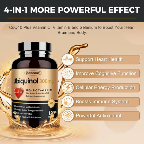 Vista 3 de ZEBORA Ubiquinol CoQ10 - Cápsulas blandas de 300 mg, potente antioxidante 4 en 1 para la salud cardíaca y vascular, esencial para la producción