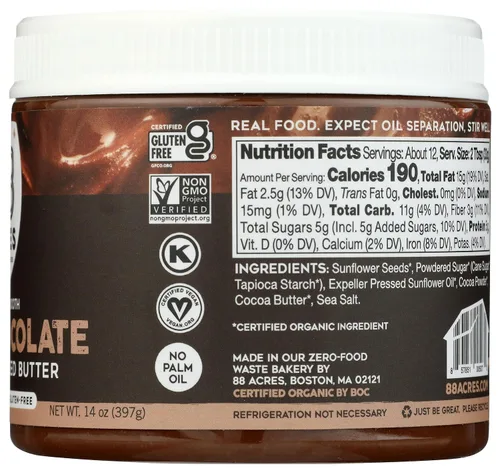 Vista 7 de 88 ACRES Mantequilla de Semillas de Girasol Orgánica con Chocolate, 14 OZ