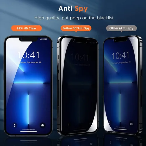 Vista 2 de Fotbor [Paquete de 3+3] Protector de pantalla de privacidad para iPhone 13 Pro Max con protector de lente de cámara, cobertura completa privada