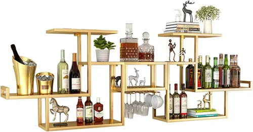 Vista 9 de Estantes de metal para bar, estante de vino montado en la pared con soporte colgante para copas de vino para exhibición de botellas de licor