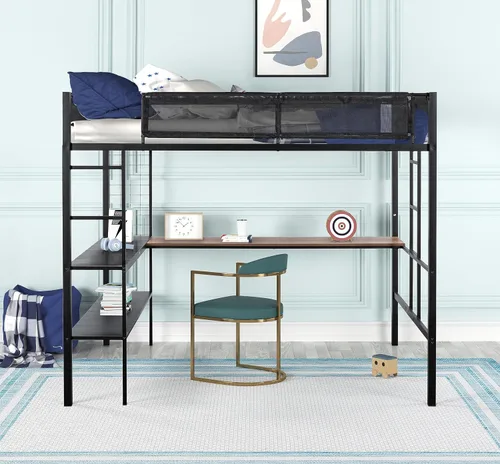 Vista 9 de SOFTSEA Cama alta de metal de tamaño matrimonial con escritorio y estantes, cama alta resistente con escalera y área de estudio para niños, marco