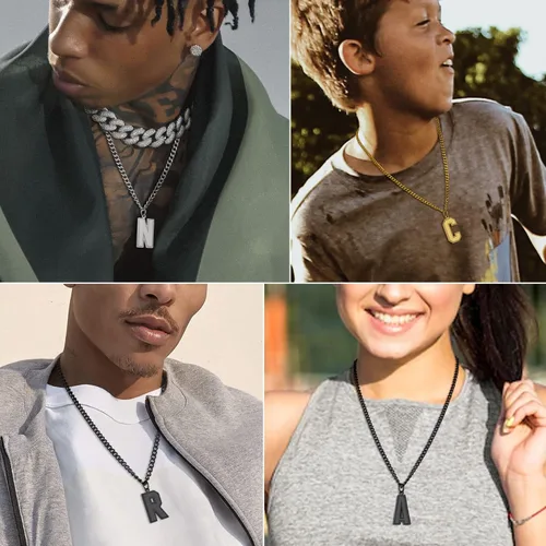 Vista 8 de GoldChic - Collar con letra inicial para hombre, de acero inoxidable, collar de iniciales grandes para deportistas y atletas, colgante del alfabeto