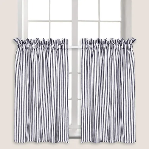 Vista 2 de Cortinas de café a rayas azul marino y blanco, 28 pulgadas de ancho x 24 pulgadas de largo, algodón tejido, juego de 2