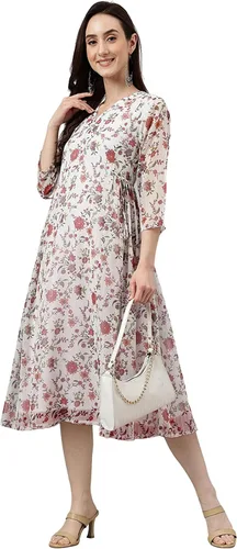 Vista 4 de Janasya Vestido acampanado con estampado floral de lúrex de gasa blanca para mujer india