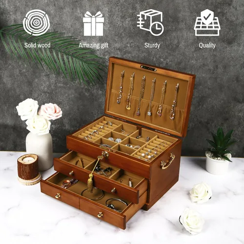 Vista 2 de Joyero de madera con cerradura y llave para mujer, 2 cajones de tamaño mediano, organizador antiguo de madera natural real con cerradura con gran