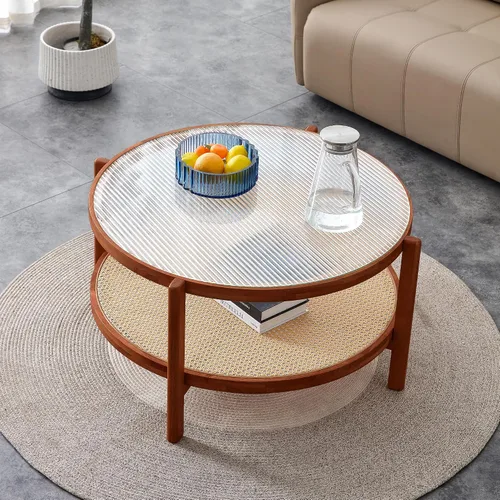 Vista 8 de Mesa auxiliar ovalada de vidrio templado de 3 capas con patas de madera de roble de almacenamiento, mesa auxiliar moderna para sala de estar