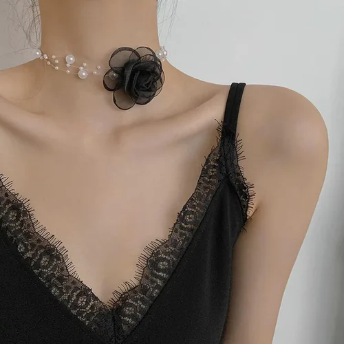 Vista 5 de Gargantilla de perlas de flor bohemia para gargantilla floral, collar de cadena con cuentas de perlas delicadas para mujer, collar de flores