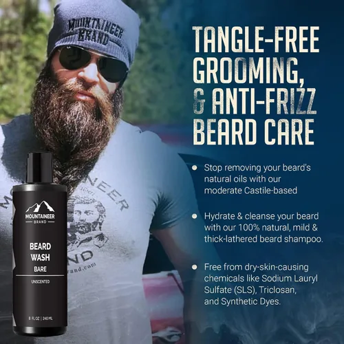 Vista 4 de Mountaineer Brand Lavado de barba para hombres Champú para barba 100% natural Espuma suavizante de limpieza gruesa para cabello y piel Hidrata