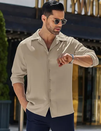Vista 7 de COOFANDY Camisa de seda de lujo para hombre, camisa de vestir de satén de manga larga con botones brillantes, para baile de graduación, boda, fiesta