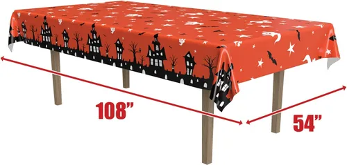 Vista 2 de Beistle Mantel de casa embrujada, 54 x 108 pulgadas, 2 piezas, mantel de plástico, mantel rectangular, mantel de Halloween, mantel de vacaciones