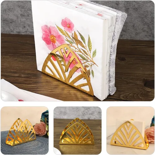 Vista 6 de Metal Napkin Holder Stand, Gold Triangular Tissue Dispenser for Restaurant and Home Table, Iron Art Hollow Design Napkin Storage Rack for Kitchen