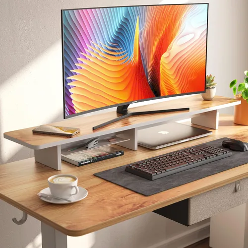 Vista 6 de FEZIBO Soporte para monitor dual de 43 pulgadas con bandeja para bolígrafos, estante de escritorio de madera maciza con patas de corcho ecológico