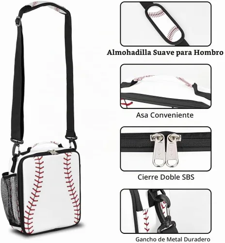 Vista 2 de Bolsa de almuerzo aislada de béisbol para niños, adolescentes, niños y niñas, bolsa de preparación de comidas