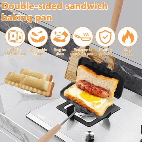 Vista 4 de Sartén para hornear sándwich de doble cara, sartén de doble cara, parrilla para sándwich, estufa de gas, máquina de quesos a la parrilla