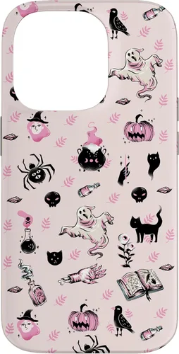 Vista 17 de iPhone 16 Vintage Halloween Case Pumpkins Ghosts Witch Skulls Pink Case