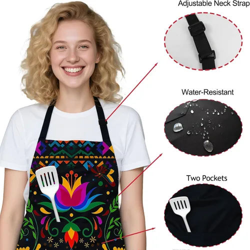 Vista 2 de Delantal floral mexicano con 2 bolsillos, delantal ajustable para cocinar, hornear, barbacoa, pintura, regalos para mujeres y hombres
