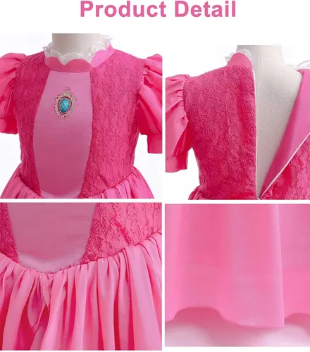 Vista 3 de Magwei Princess Peach Costume Dress for Girls Kids Super Bros Cosplay with Accessories Halloween Party Dress Up Outfit 3-12Y