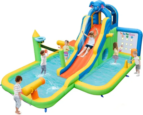 Vista 10 de HONEY JOY Tobogán acuático inflable, tobogán acuático de elefante 9 en 1 para patio trasero de niños, piscina de chapoteo, punta de tac, pared