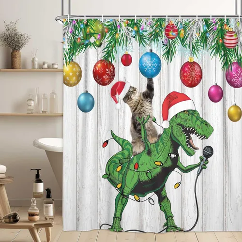 Vista 4 de Divertida cortina de ducha de Navidad, bonito dinosaurio en sombrero de Papá Noel cantando Feliz Navidad para niños, niños y niñas, decoración