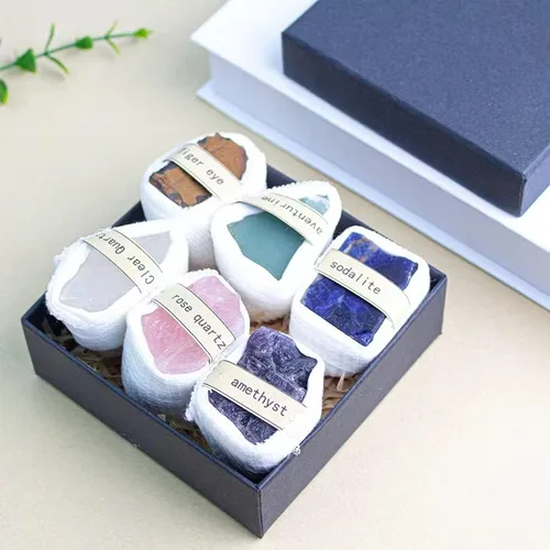 Vista 6 de Caja de piedra original de cristal, muestra de mineral natural, marcador mineral de partículas grandes sin pulir, juego de caja de regalo
