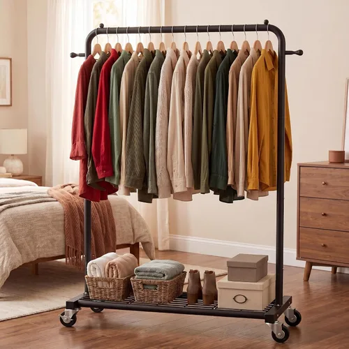 Vista 5 de Sywhitta Perchero con ruedas con estante de almacenamiento de malla y marco de metal resistente, perchero con ruedas para colgar ropa, abrigos