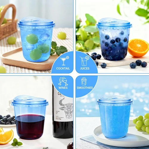 Vista 5 de KesaPlan Paquete de 50 vasos de plástico azul de 12 onzas con tapas para sorber, vasos de vino desechables sin popote para café helado, cócteles