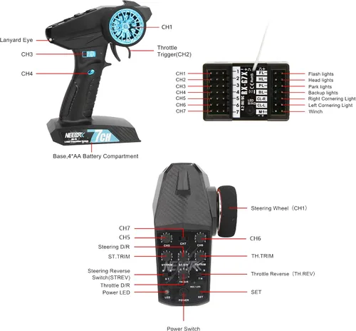 Vista 3 de Transmisor RC de 7 canales con receptor, sistema de control de luz integrado y juego de 12 luces LED, control remoto de radio de 2.4 GHz para auto a