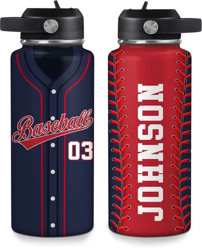 Vista 21 de Hyturtle Botella de agua de béisbol personalizada, botella de acero inoxidable aislada de viaje con tapa a prueba de fugas, 18 onzas, 32 onzas