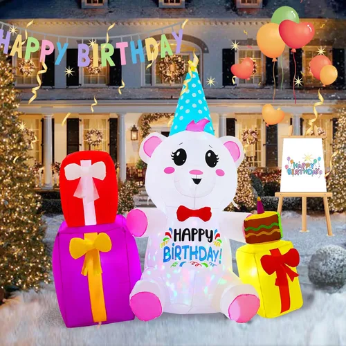 Vista 11 de Decoraciones inflables de pastel de cumpleaños de 4 pies, con velas, luces LED integradas, pastel de cumpleaños, decoración de patio al aire libre