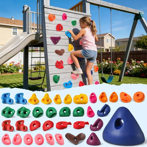 Vista 11 de Juego de 20 soportes de escalada en roca para niños, agarres de pared para escalada en roca, juego de pared para interiores y exteriores, juego