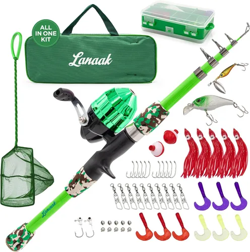 Vista 8 de Lanaak Caña de Pescar para Niños, Juego de Caña de Pescar Telescópica Portátil para Niños, Kit Combo de Caja de Aparejos y Red de Pesca, Equipo