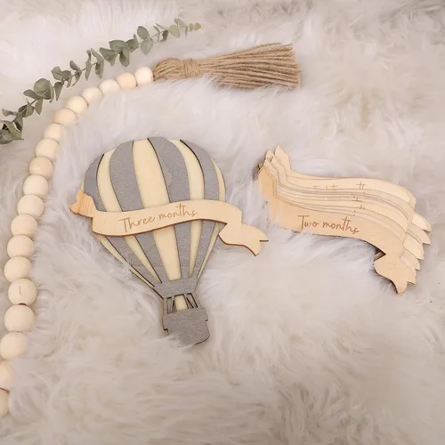 Vista 9 de Tarjetas de hitos mensuales de madera con globo aerostático para bebé, letrero de hitos de mi primer año, marcador de hitos mensuales para bebés