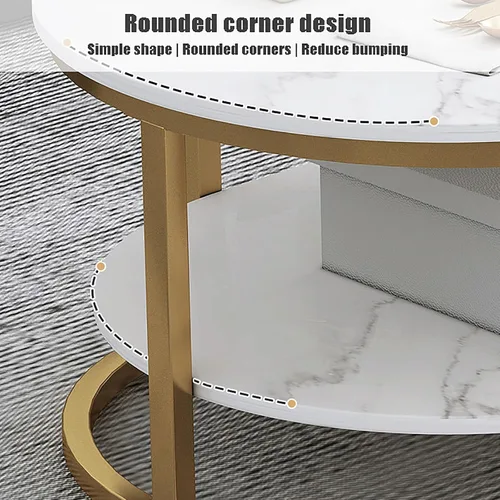 Vista 6 de HM&DX Mesa auxiliar moderna de mármol sintético, mesa de cóctel ovalada de 2 niveles con almacenamiento, mesas centrales de madera minimalista