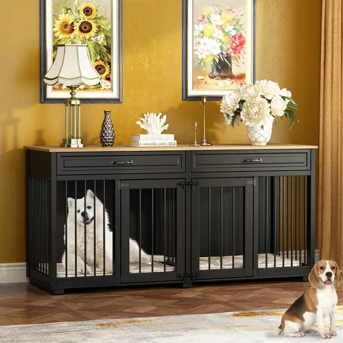 Vista 6 de Muebles para Perrera, 64.6 Pulgadas de Madera Resistente Jaula para Perros Grande Estilo Mueble con Cajones y Divisor, Casa para Perros